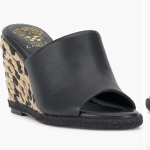NWT Vince Camuto Fayla Black Leather Wedge Mule Slide Rafia Wedge Size 9.5